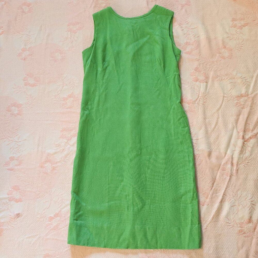 Vintage 1960s Mod Linen Sheath Dress Small Green Mini Knee Length 60s Twiggy